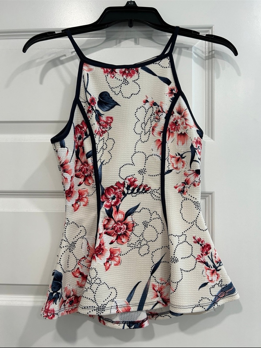 Papaya Cream Halter Camisole with Pink Floral Print and Navy Trim